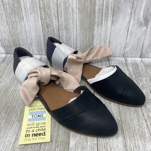 TOMS Jutti D’Orsay Black Leather Pink Bow Flats Size 12 Pointed Toe Soft Chic